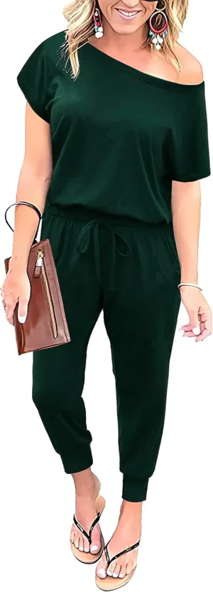 KAY SINN Summer Jumpsuit Rompers Off Shoulder for Women with Pockets Casual Elastic Waist