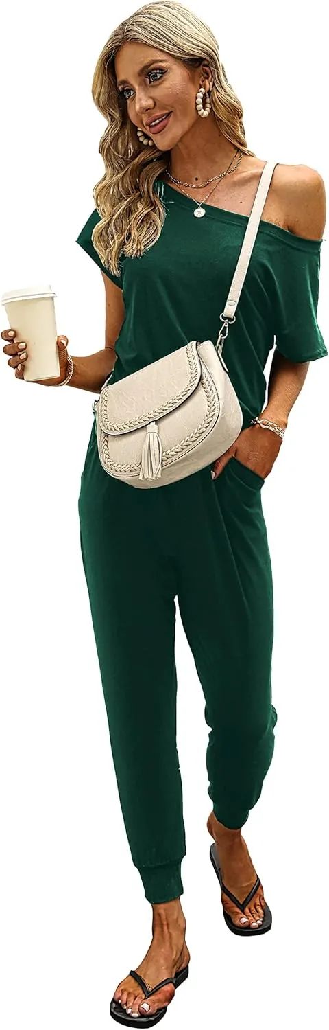 KAY SINN Summer Jumpsuit Rompers Off Shoulder for Women with Pockets Casual Elastic Waist