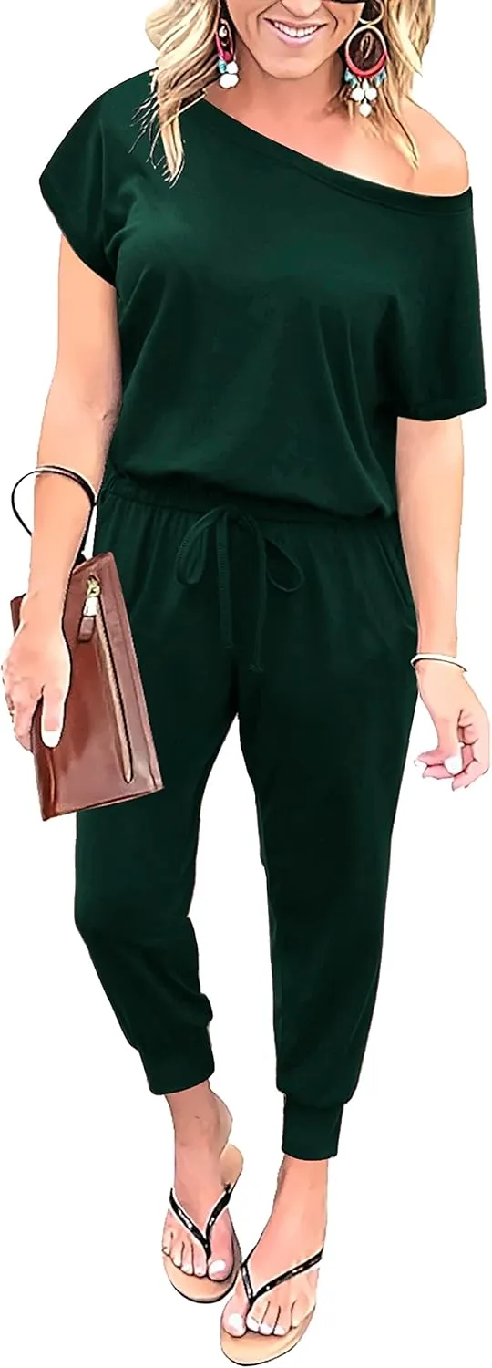 KAY SINN Summer Jumpsuit Rompers Off Shoulder for Women with Pockets Casual Elastic Waist