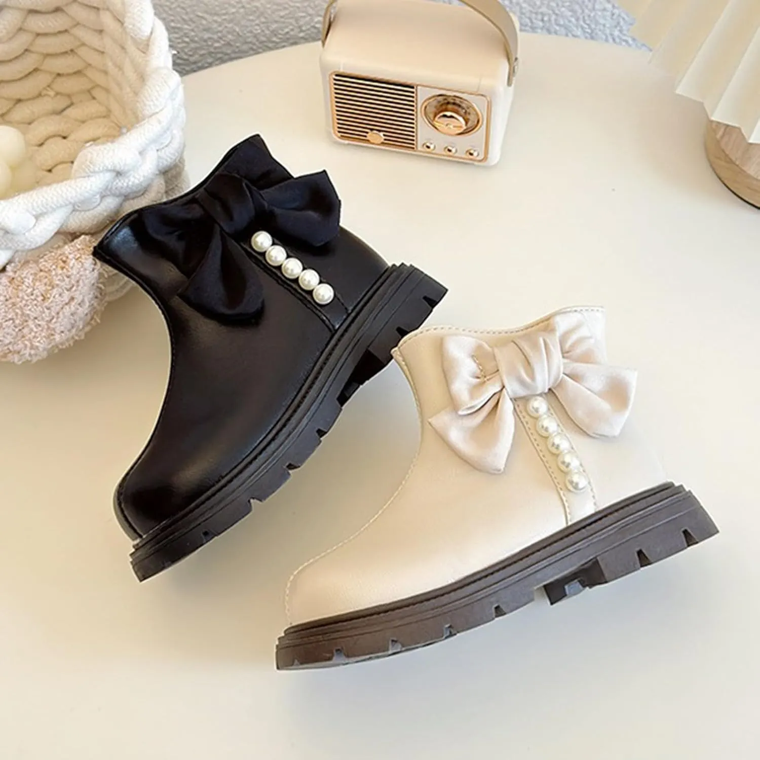 Kids Girls Pearl Bowknot Dress Boots Soft Sole Anti Slip Fashion Birthday Wedding Shoes Little Girl Warm Boots