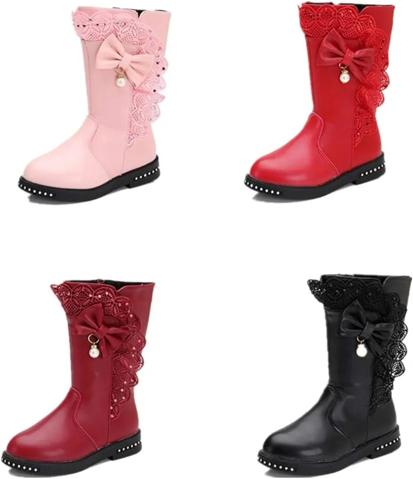 Kids Girl's Waterproof Lace Bowknot Side Zipper Fur Lined Tall Winter Riding Boots Fashion Warm Bootie
