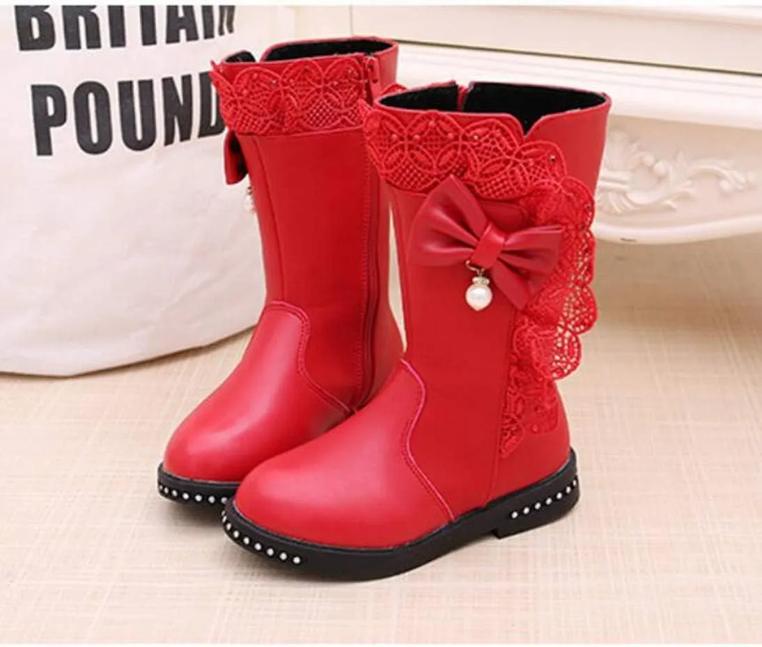 Kids Girl's Waterproof Lace Bowknot Side Zipper Fur Lined Tall Winter Riding Boots Fashion Warm Bootie