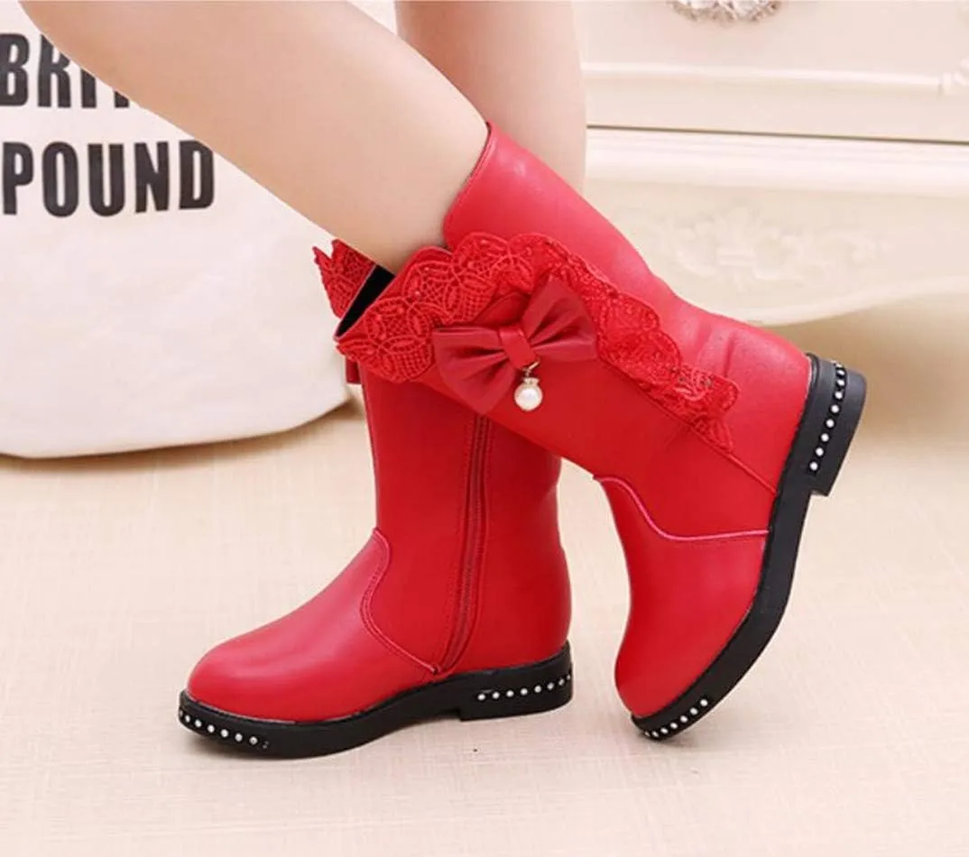 Kids Girl's Waterproof Lace Bowknot Side Zipper Fur Lined Tall Winter Riding Boots Fashion Warm Bootie