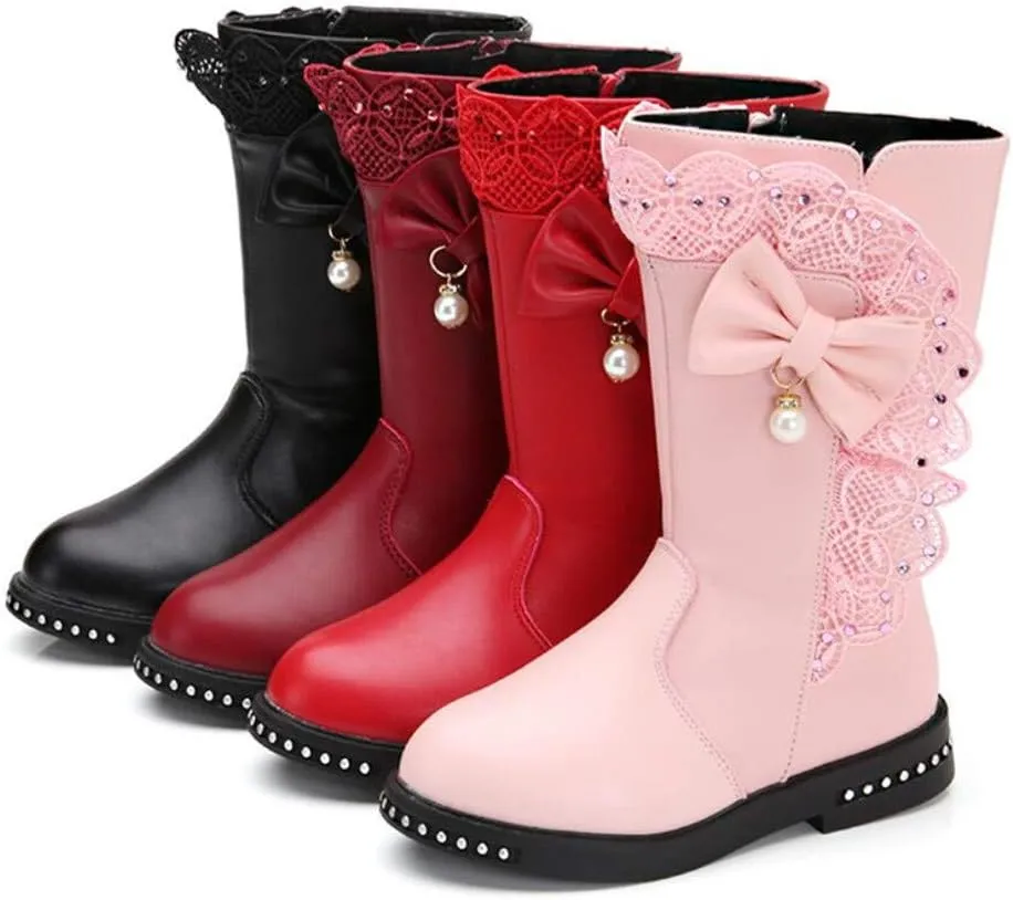 Kids Girl's Waterproof Lace Bowknot Side Zipper Fur Lined Tall Winter Riding Boots Fashion Warm Bootie