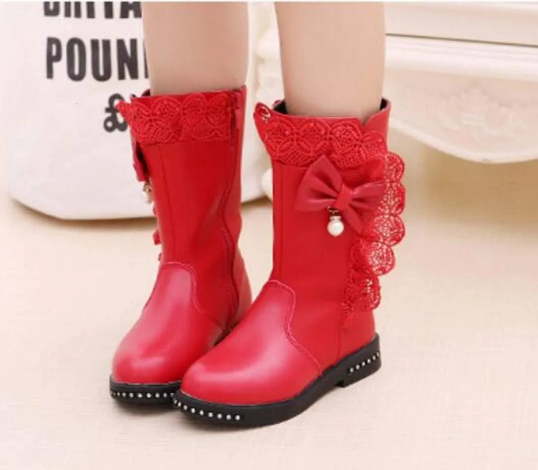 Kids Girl's Waterproof Lace Bowknot Side Zipper Fur Lined Tall Winter Riding Boots Fashion Warm Bootie