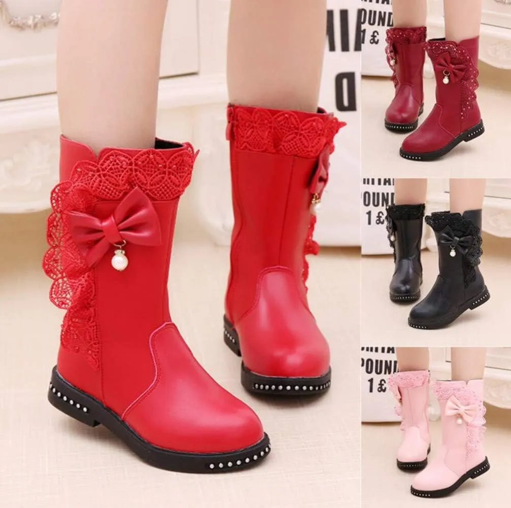 Kids Girl's Waterproof Lace Bowknot Side Zipper Fur Lined Tall Winter Riding Boots Fashion Warm Bootie