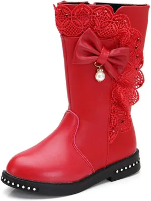 Kids Girl's Waterproof Lace Bowknot Side Zipper Fur Lined Tall Winter Riding Boots Fashion Warm Bootie