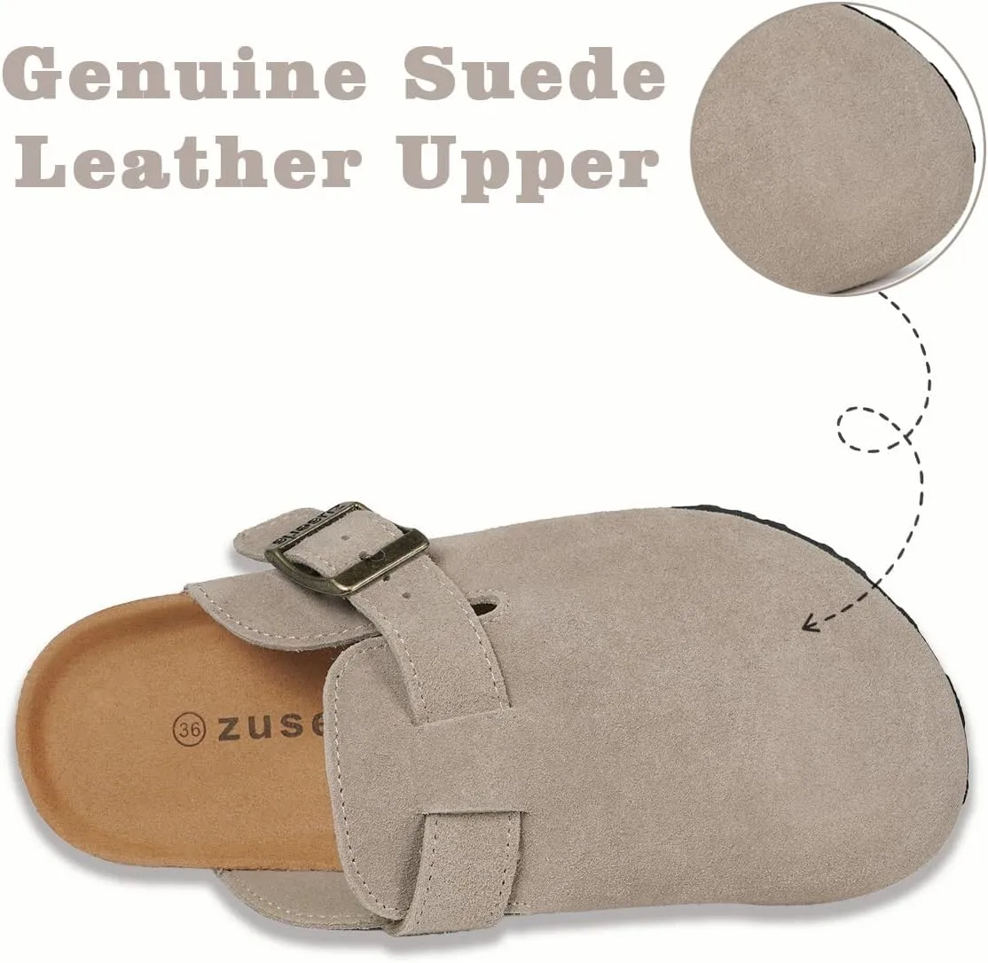 Kids Suede Clogs Boys Girls Cork Footbed Potato Shoes Classic Slip On Leather Mules Children Indoor Outdoor Sandals with Adjustable Buckle
