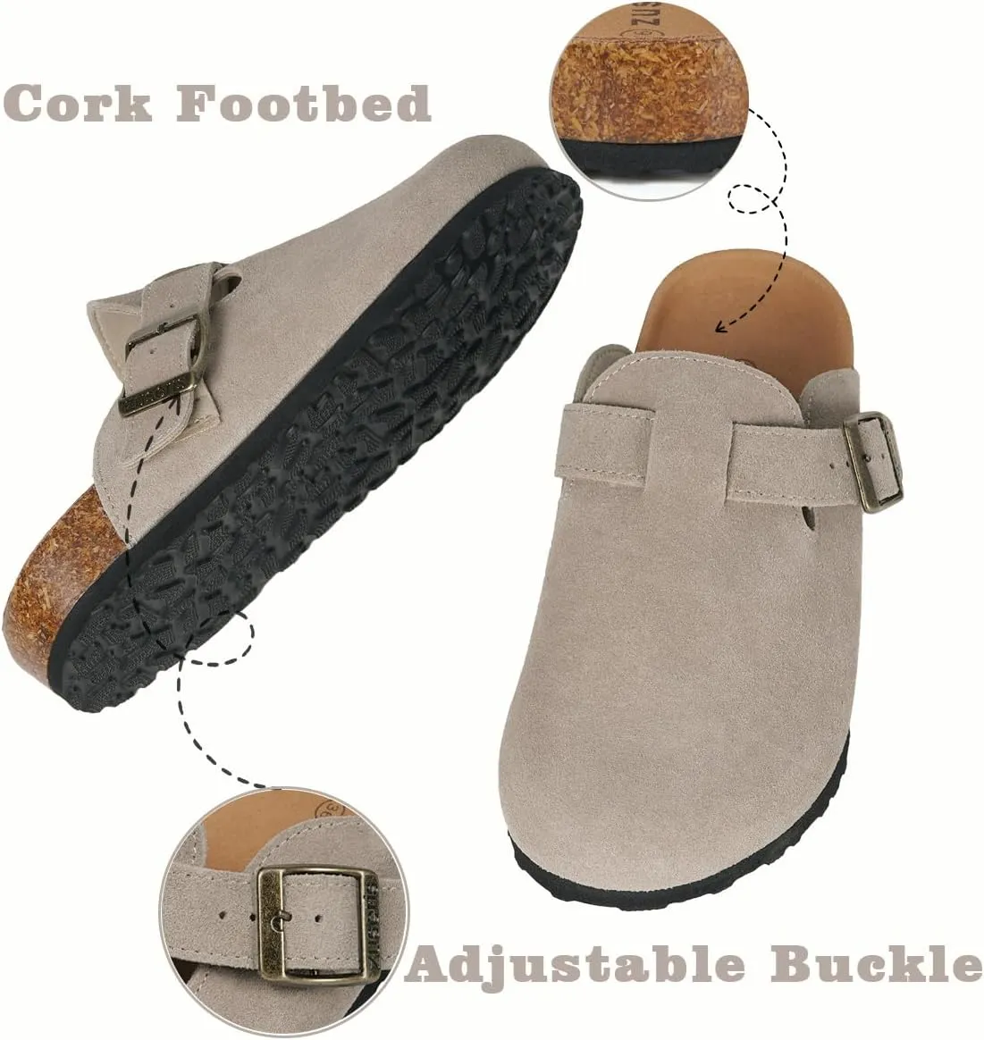 Kids Suede Clogs Boys Girls Cork Footbed Potato Shoes Classic Slip On Leather Mules Children Indoor Outdoor Sandals with Adjustable Buckle