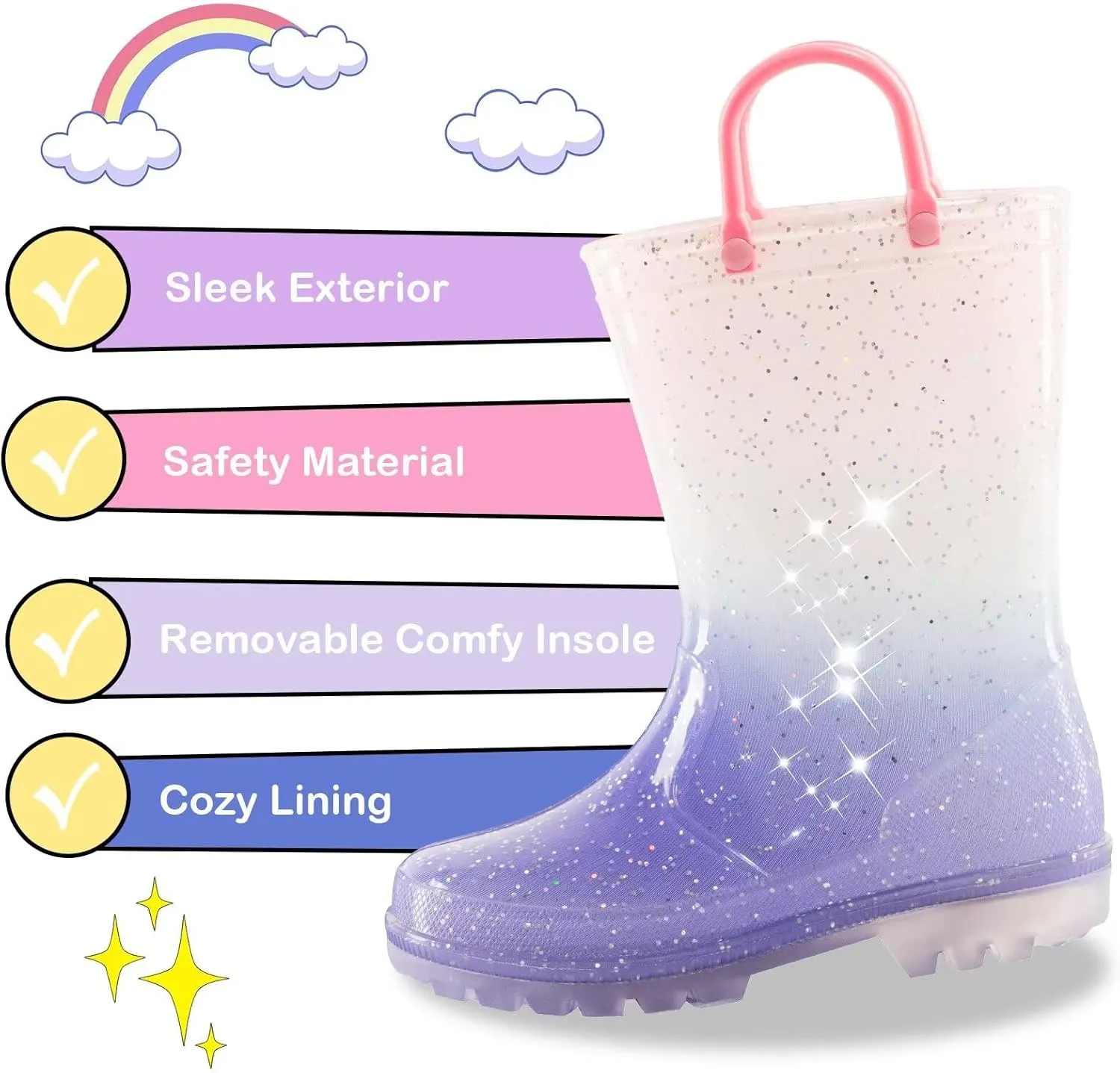 Kids Toddler Rain Boots for Girls Boys Light Up Waterproof Rain Shoes Patterns and Glitter Boot with Easy On Handles