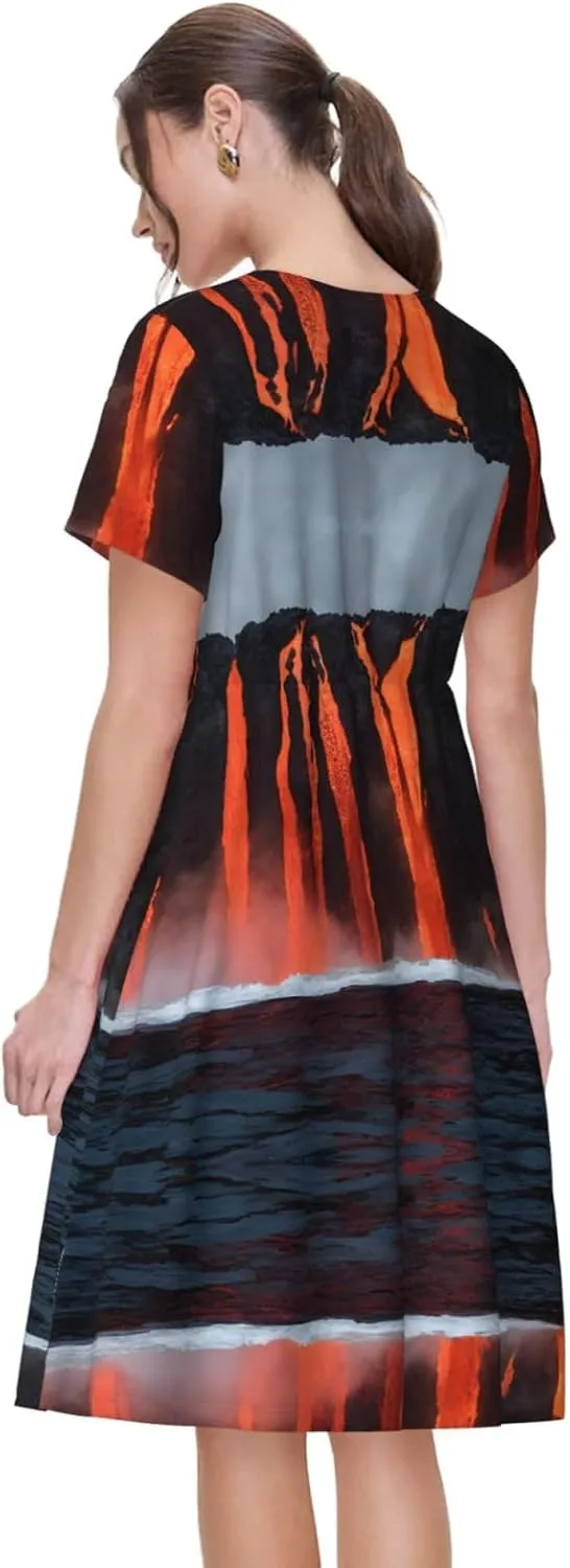 Kilauea Volcano Unique Women's Short Sleeved Dress, Slim Fit, A-Line Version, Skin Friendly and Comfortable