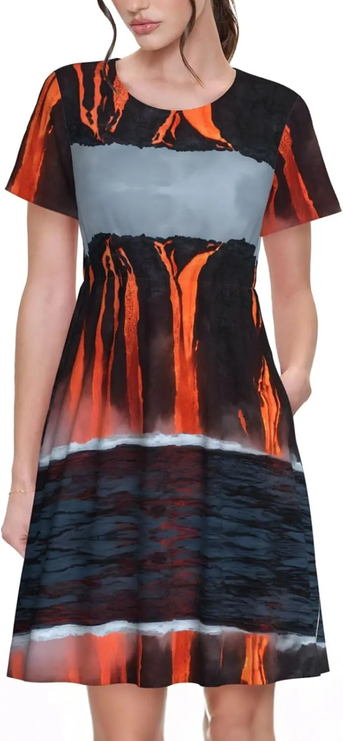 Kilauea Volcano Unique Women's Short Sleeved Dress, Slim Fit, A-Line Version, Skin Friendly and Comfortable
