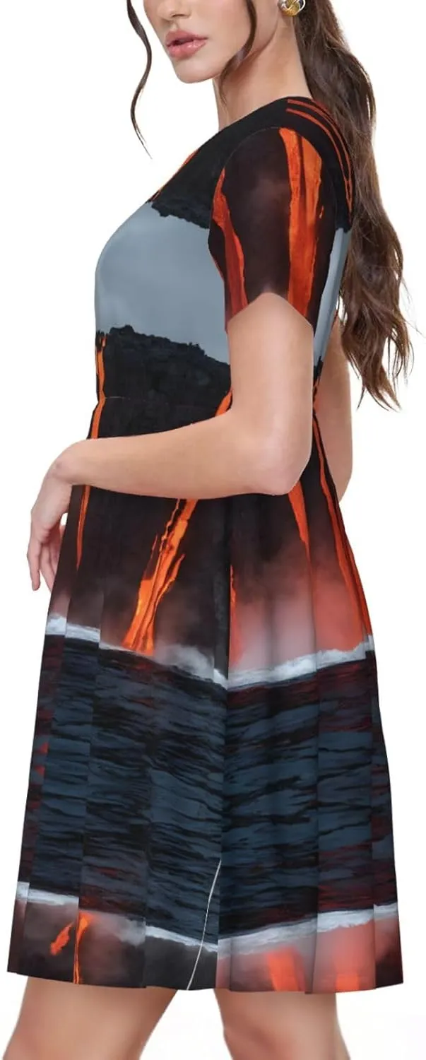 Kilauea Volcano Unique Women's Short Sleeved Dress, Slim Fit, A-Line Version, Skin Friendly and Comfortable