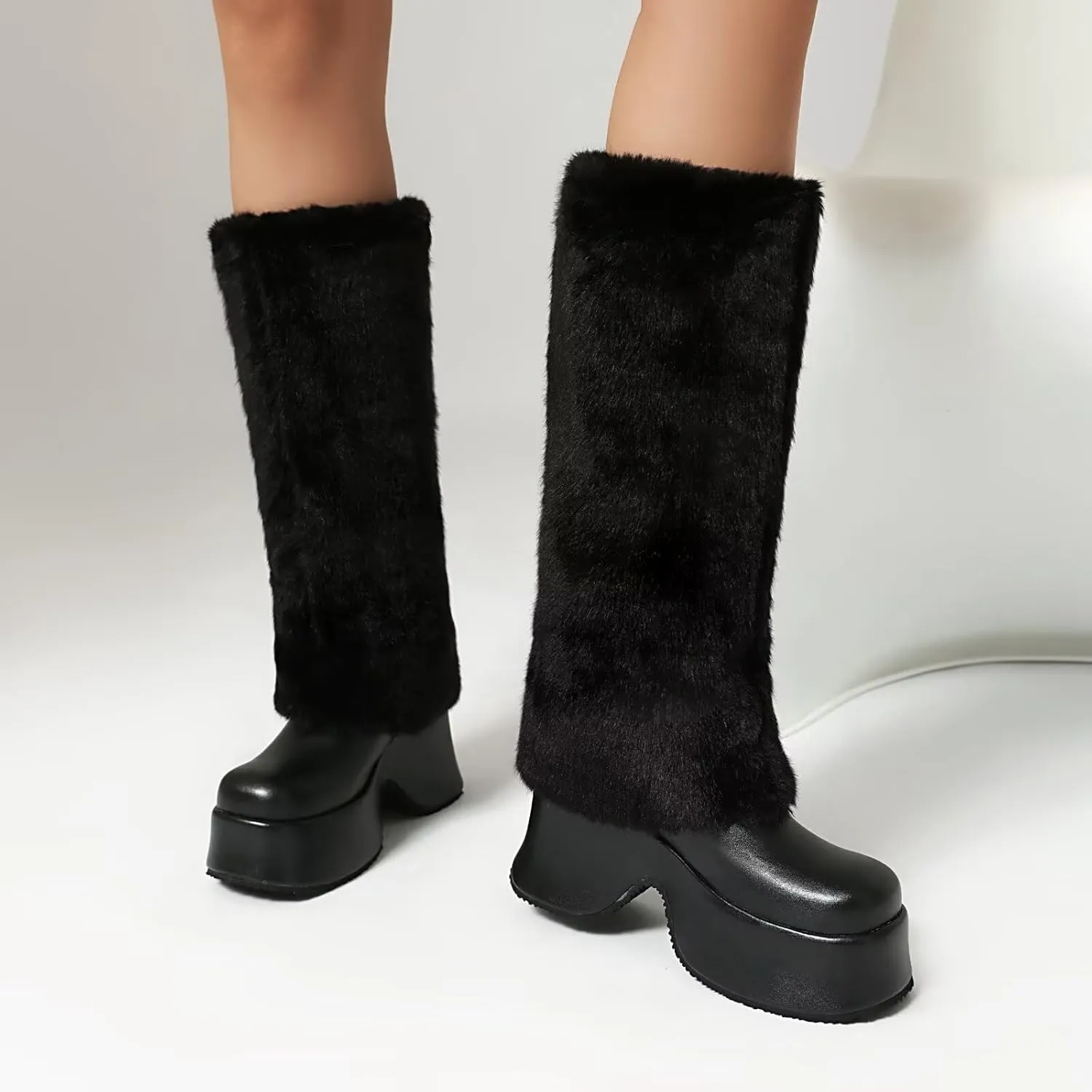 KISSASA Mid Calf Fluffy Furry Boots Warm Platform Chunky High Heel Pull On Boots Fashion Winter Boots