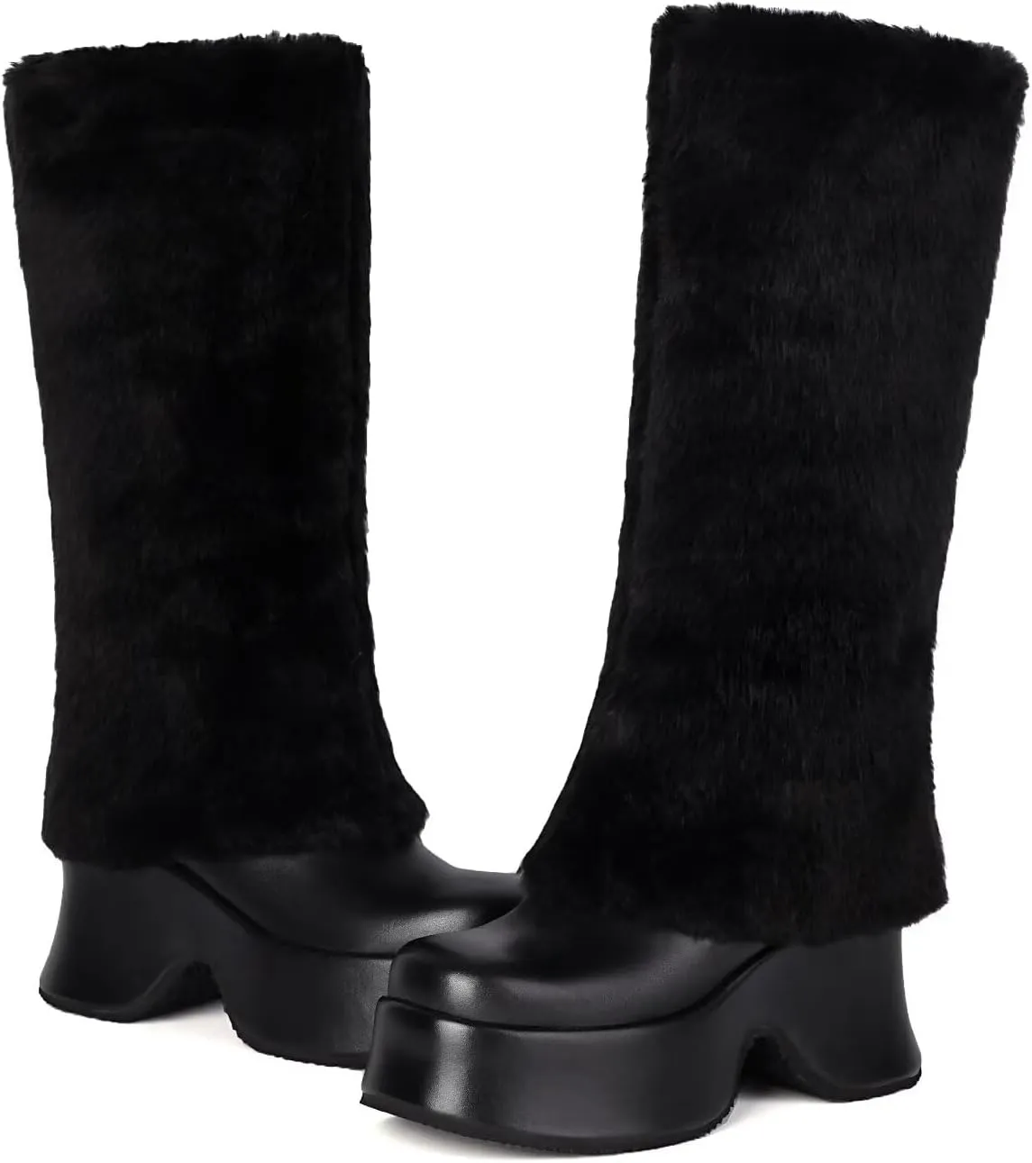 KISSASA Mid Calf Fluffy Furry Boots Warm Platform Chunky High Heel Pull On Boots Fashion Winter Boots