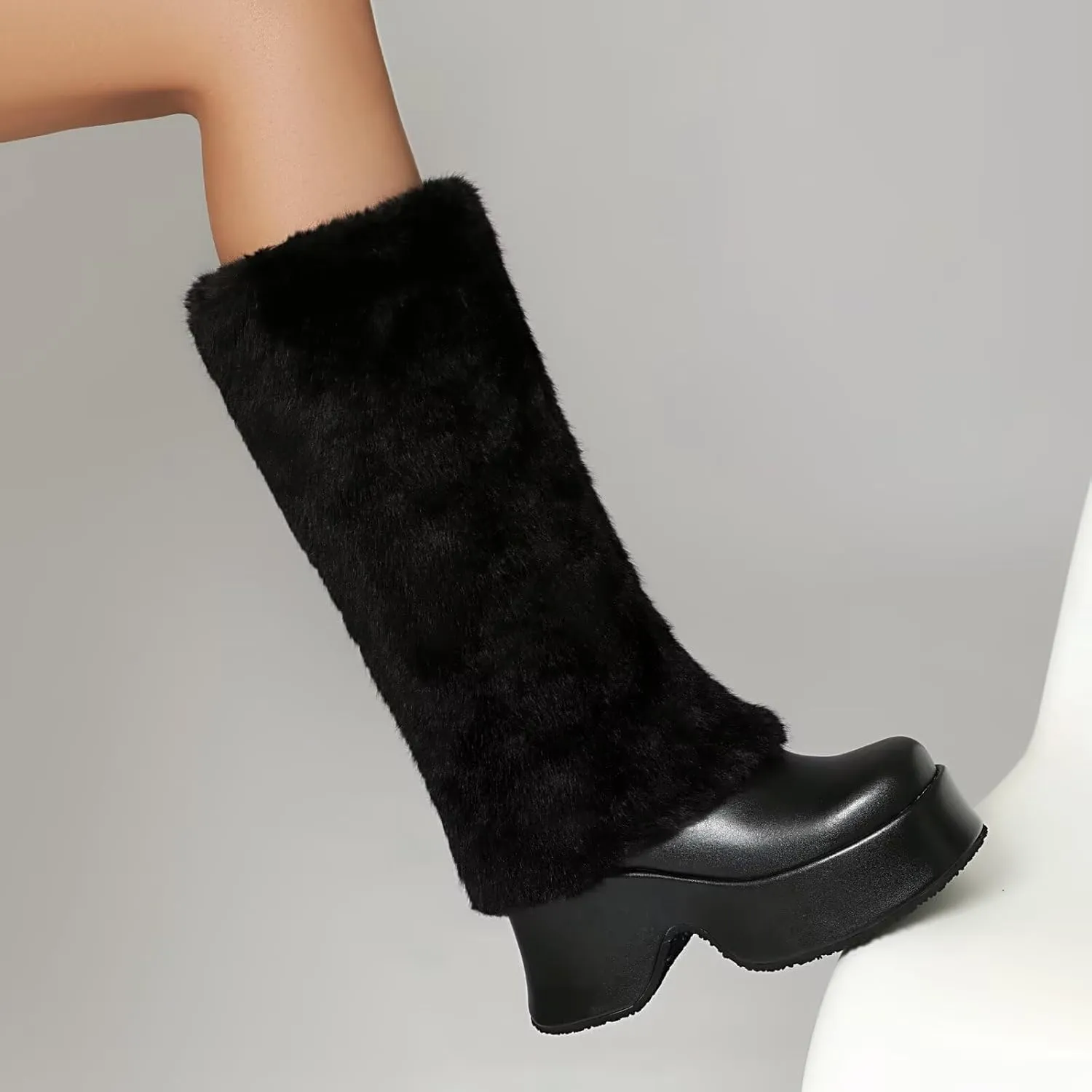 KISSASA Mid Calf Fluffy Furry Boots Warm Platform Chunky High Heel Pull On Boots Fashion Winter Boots