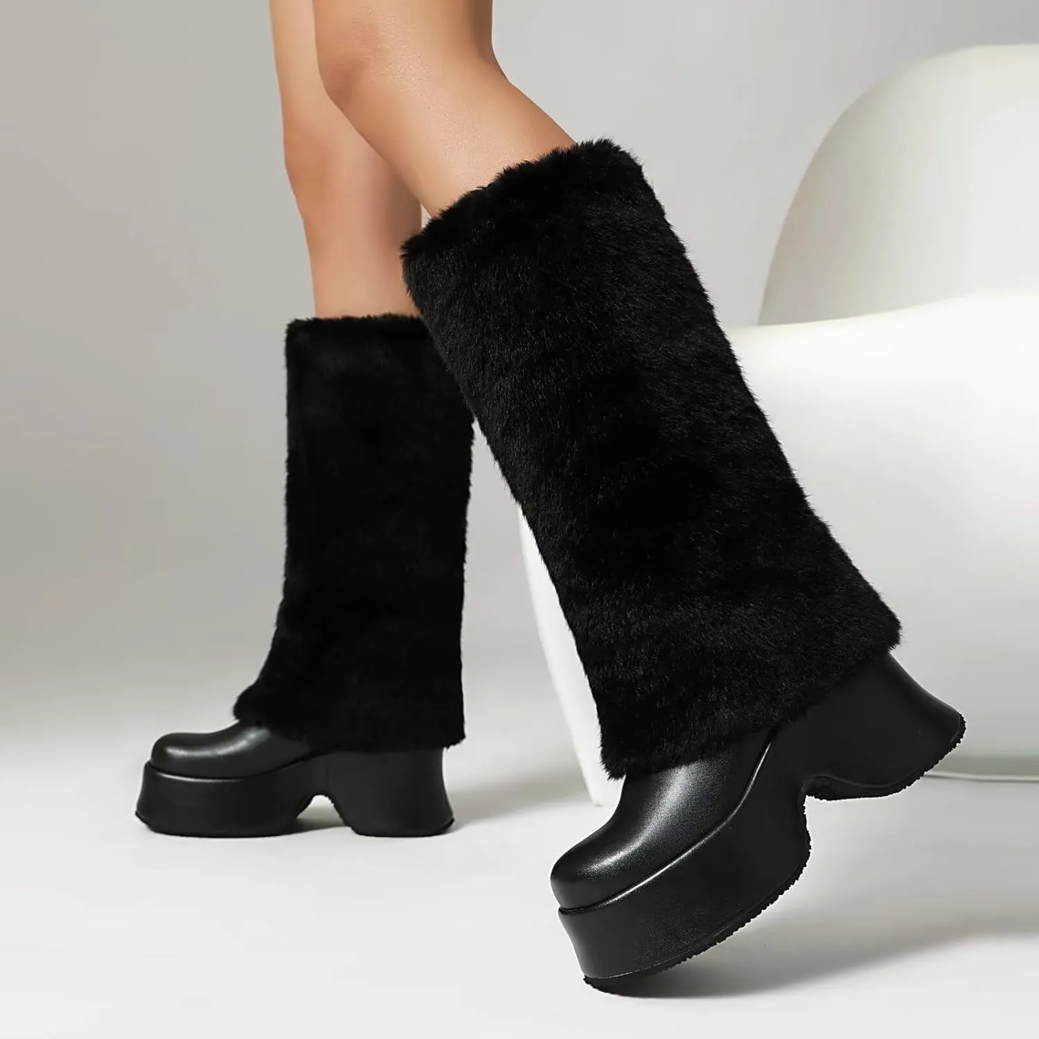 KISSASA Mid Calf Fluffy Furry Boots Warm Platform Chunky High Heel Pull On Boots Fashion Winter Boots
