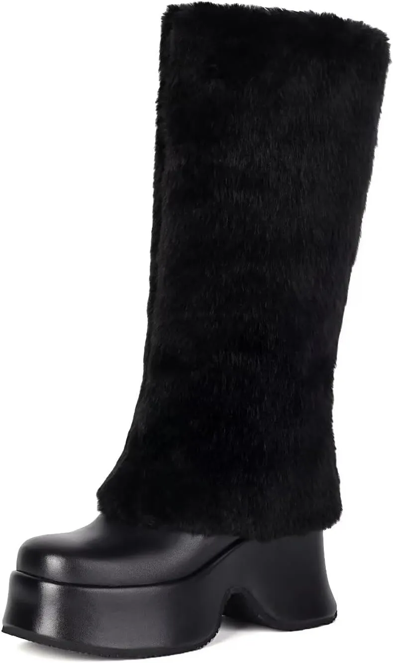 KISSASA Mid Calf Fluffy Furry Boots Warm Platform Chunky High Heel Pull On Boots Fashion Winter Boots