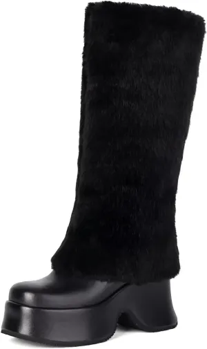 KISSASA Mid Calf Fluffy Furry Boots Warm Platform Chunky High Heel Pull On Boots Fashion Winter Boots