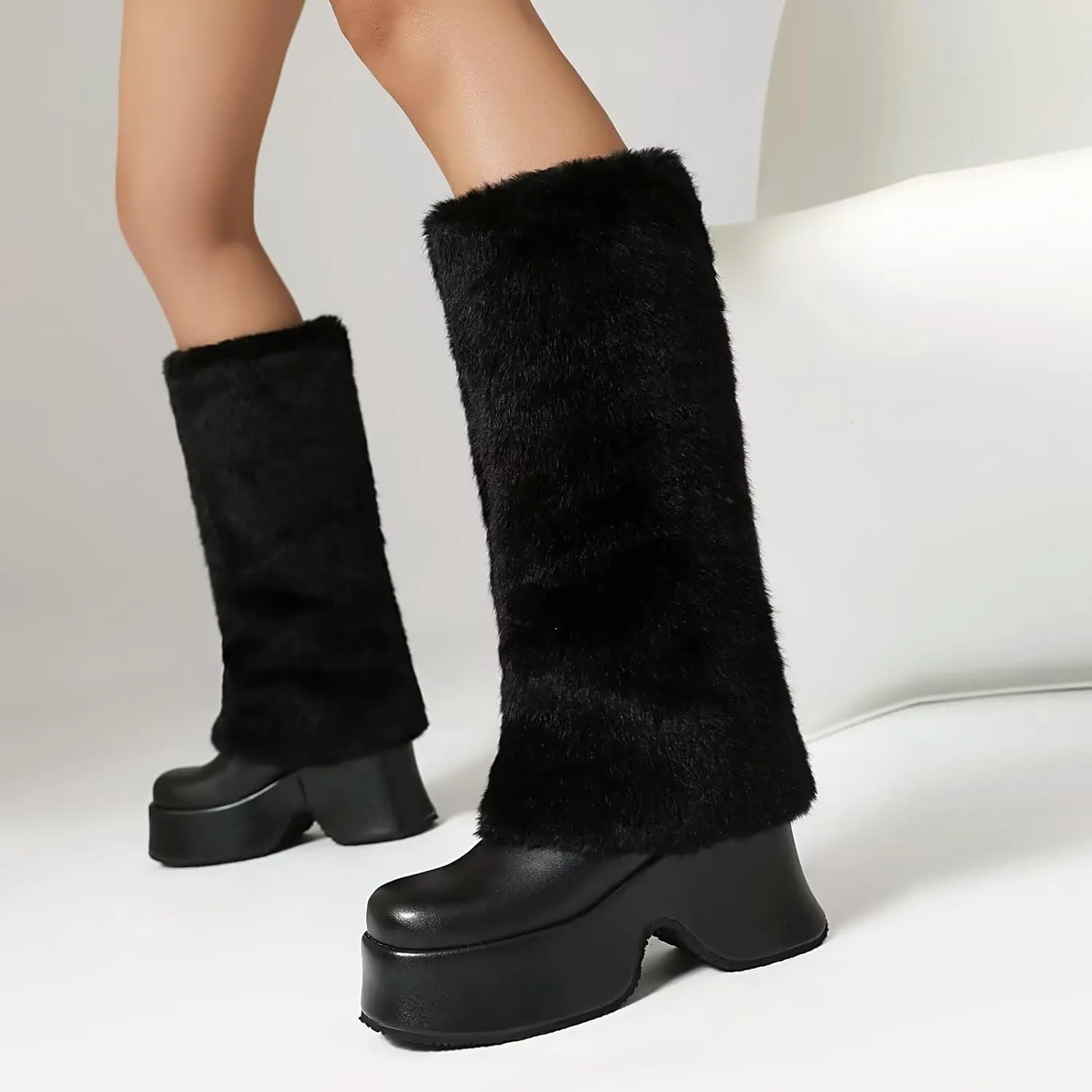 KISSASA Mid Calf Fluffy Furry Boots Warm Platform Chunky High Heel Pull On Boots Fashion Winter Boots