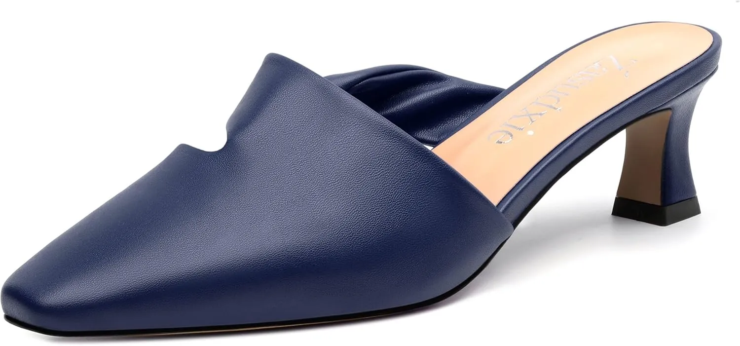 Kitten Heel Mules for Women, Trendy Square Toe Dress Party Slip on Slides Backless Dress Sandals Matte Kitten Low Heel Mules Shoes 2 Inch