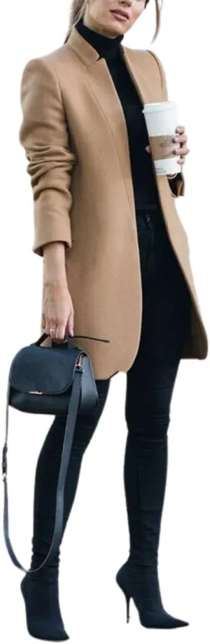 Kwoki Women's Stand Collar Open Front Pea Coat Casual Winter Warm Mid Long Blazer Trench Coats Overcoat Outerwear