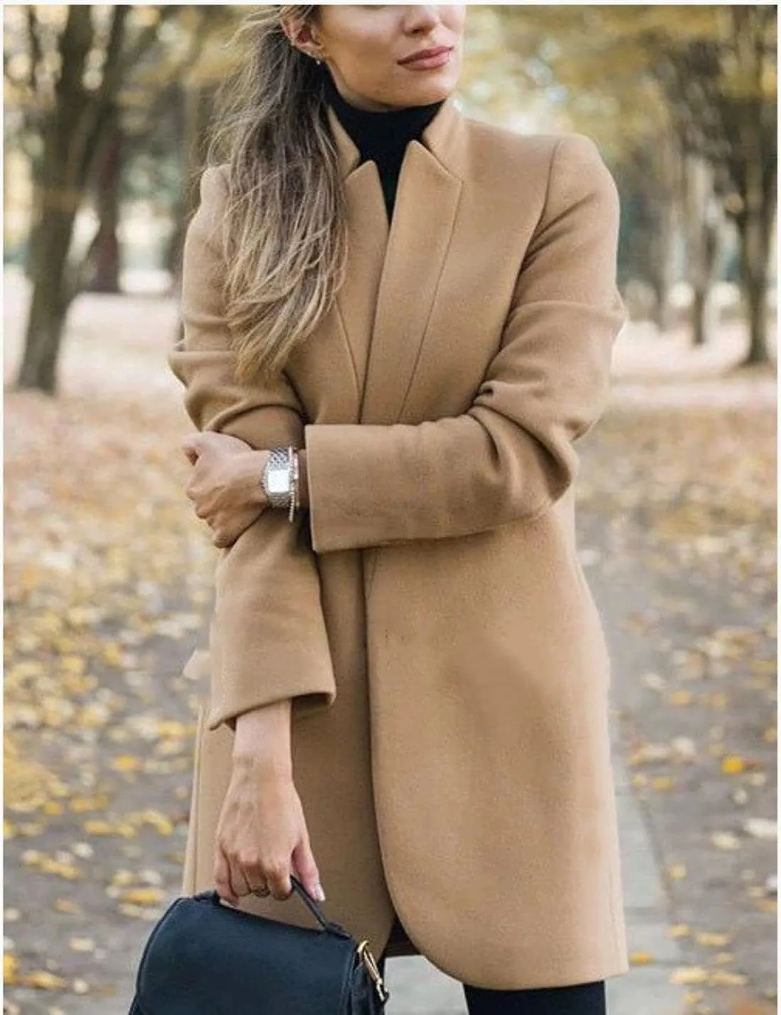 Kwoki Women's Stand Collar Open Front Pea Coat Casual Winter Warm Mid Long Blazer Trench Coats Overcoat Outerwear
