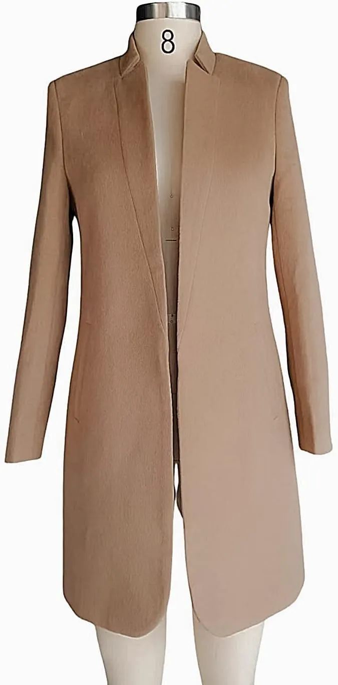 Kwoki Women's Stand Collar Open Front Pea Coat Casual Winter Warm Mid Long Blazer Trench Coats Overcoat Outerwear