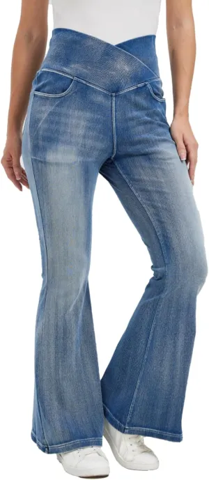 KYAL Women's High Waisted Flared Jeans Pull On Wide Leg Jeans Stretchy Denim Pants, V Cross Tummy Control Flare Pants