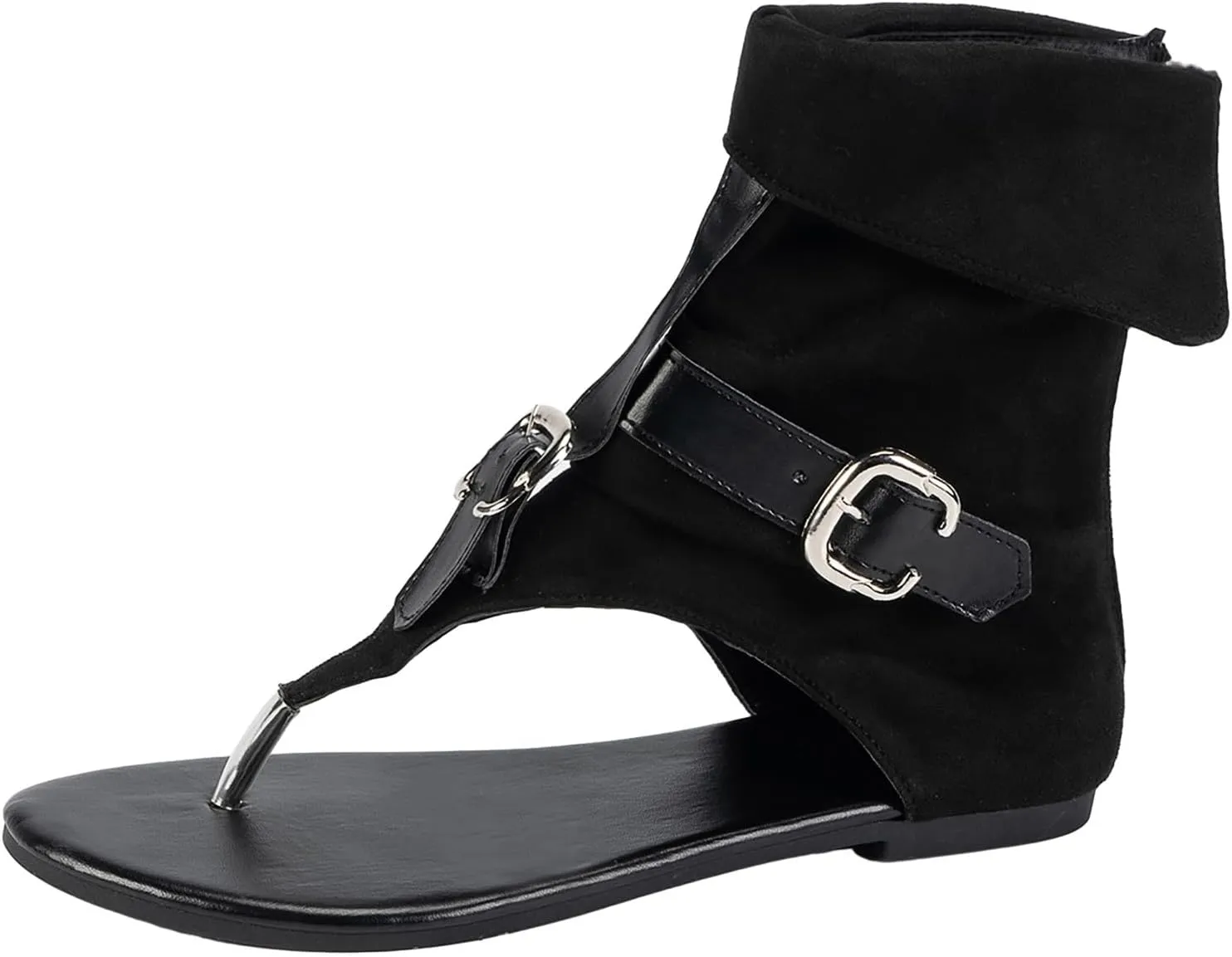 Ladies Toe Flat Sandals Denim Belt Large Size High Top Herringbone Cool Boots Sports Slide Sandals for Women (Black, 6)