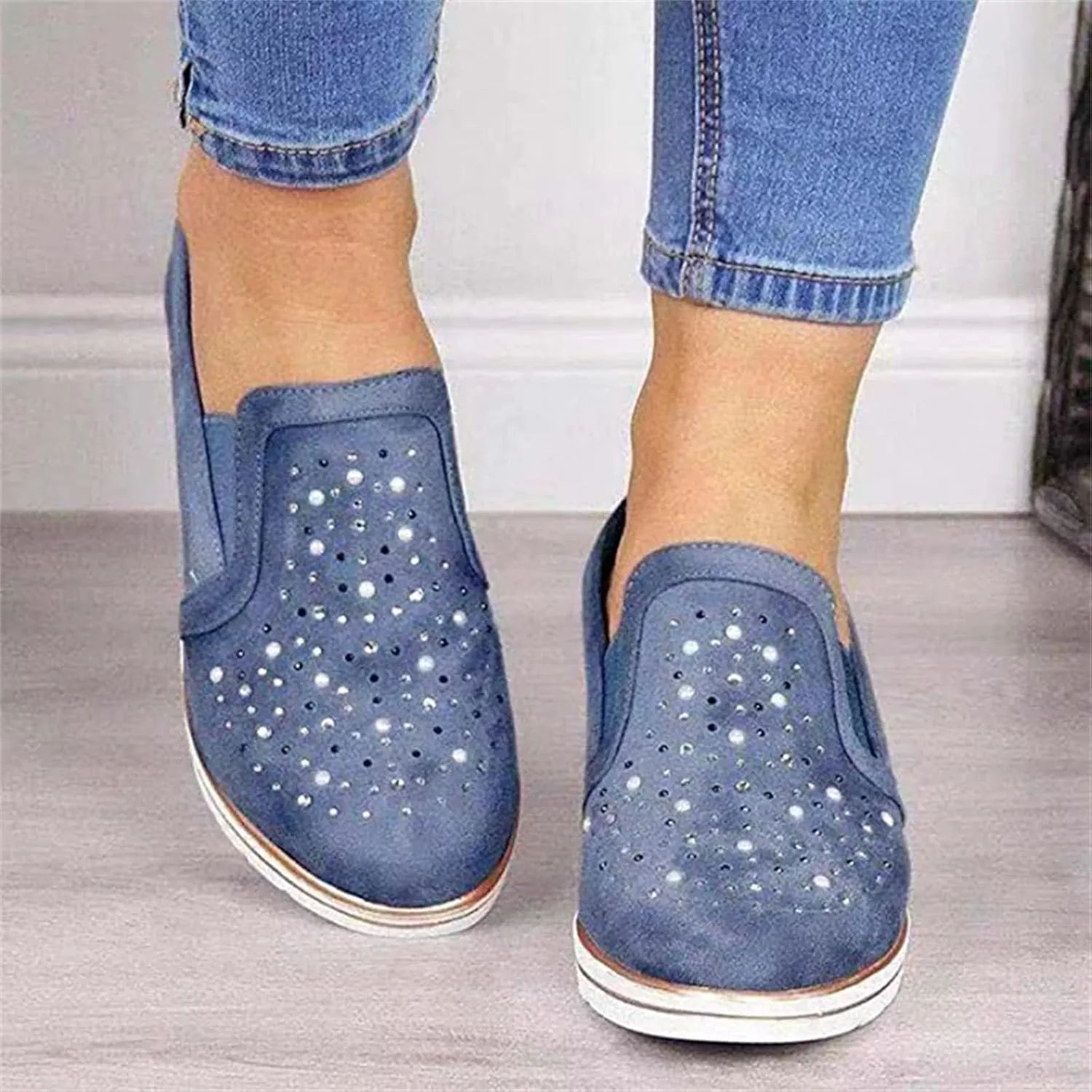 Ladmiple Sneakers For Women Walking Shoes Wide Width Sparkly Sneakers Slip On Dressy Summer Glitter Rhinestone Loafers