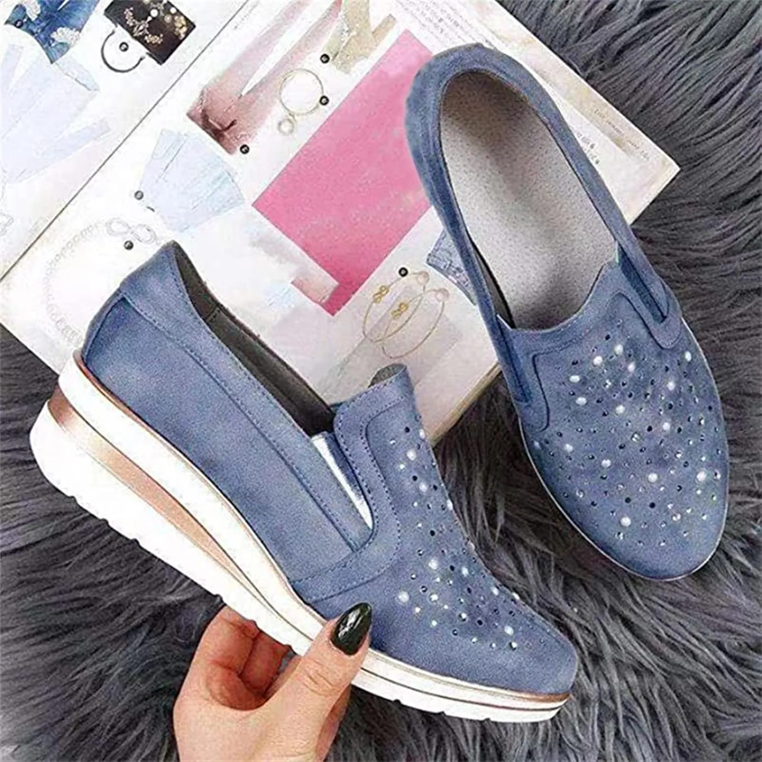 Ladmiple Sneakers For Women Walking Shoes Wide Width Sparkly Sneakers Slip On Dressy Summer Glitter Rhinestone Loafers