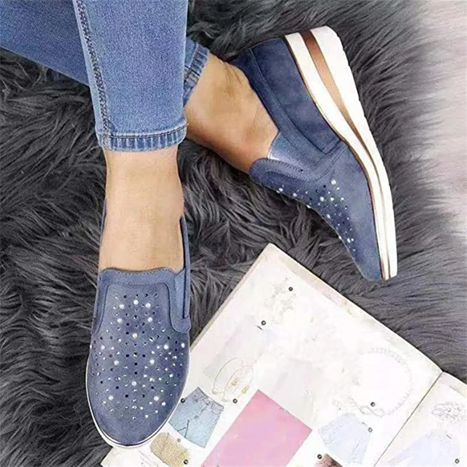 Ladmiple Sneakers For Women Walking Shoes Wide Width Sparkly Sneakers Slip On Dressy Summer Glitter Rhinestone Loafers