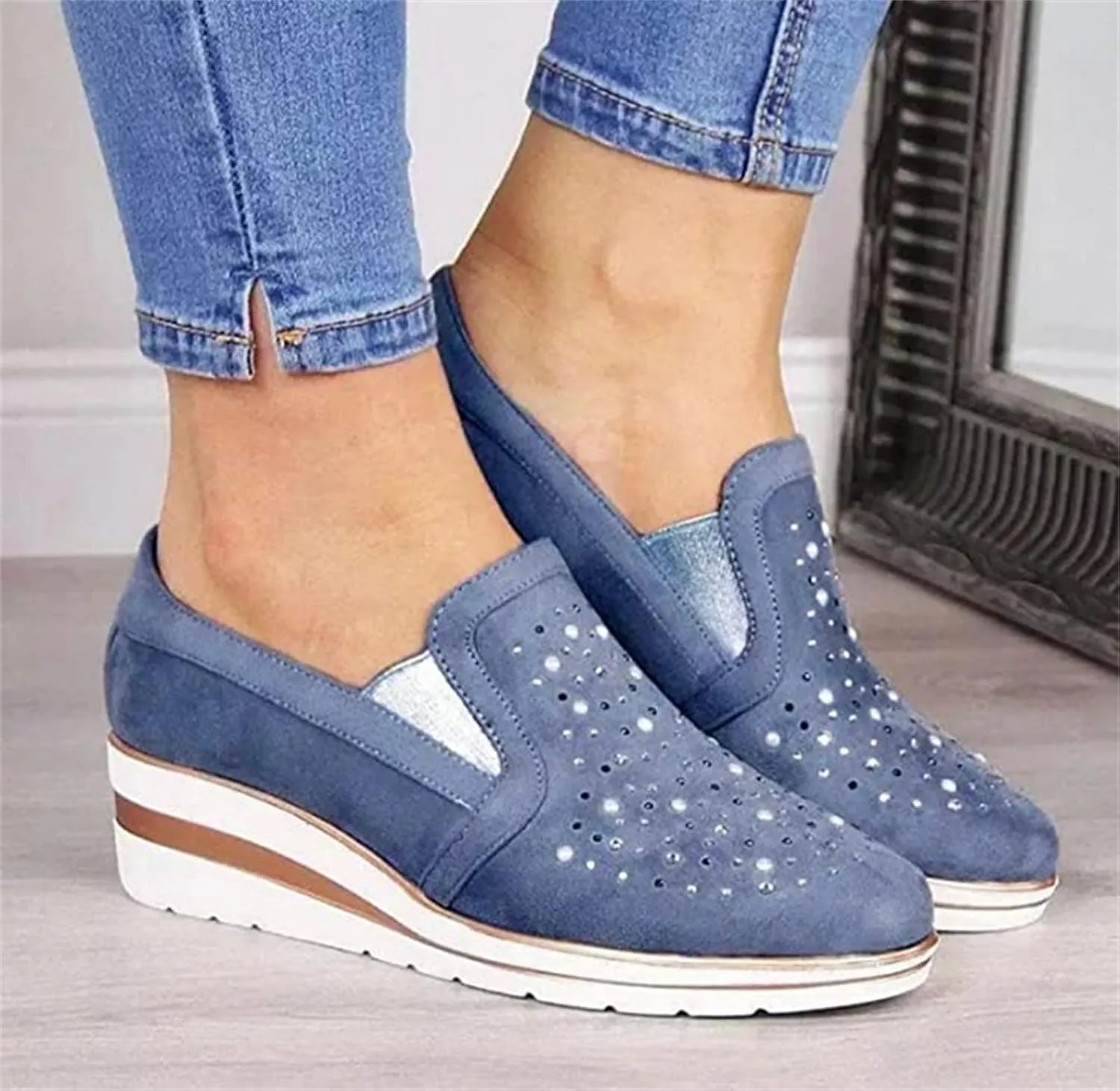 Ladmiple Sneakers For Women Walking Shoes Wide Width Sparkly Sneakers Slip On Dressy Summer Glitter Rhinestone Loafers