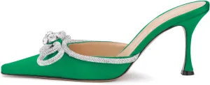 LauraVicci Women High Heeled Mules Rhinestone Embellished Crystal Double Bow Satin Sandals Pointy Toe Stiletto Shoes Summer Bridal Shoes Green Size 5.5