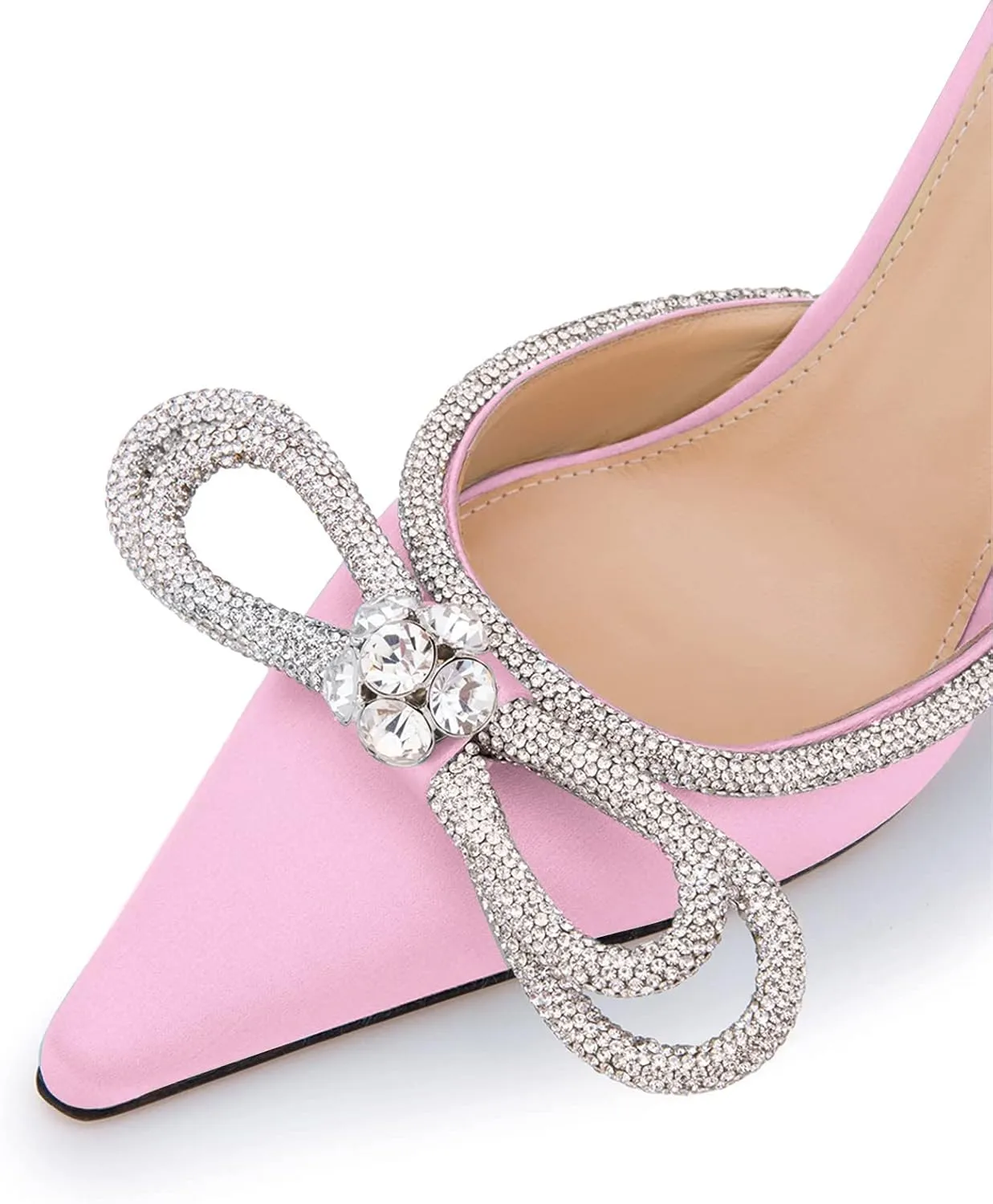 LauraVicci Women High Heeled Mules Rhinestone Embellished Crystal Double Bow Satin Sandals Pointy Toe Stiletto Shoes Summer Bridal Shoes