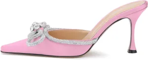 LauraVicci Women High Heeled Mules Rhinestone Embellished Crystal Double Bow Satin Sandals Pointy Toe Stiletto Shoes Summer Bridal Shoes