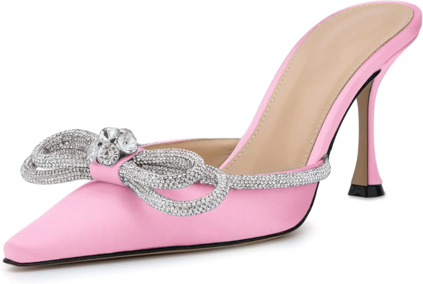 LauraVicci Women High Heeled Mules Rhinestone Embellished Crystal Double Bow Satin Sandals Pointy Toe Stiletto Shoes Summer Bridal Shoes