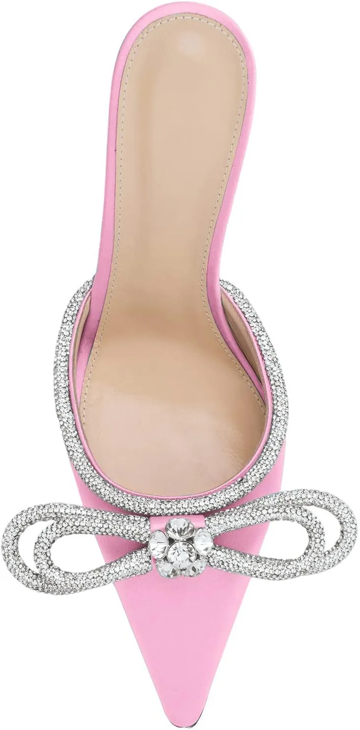 LauraVicci Women High Heeled Mules Rhinestone Embellished Crystal Double Bow Satin Sandals Pointy Toe Stiletto Shoes Summer Bridal Shoes