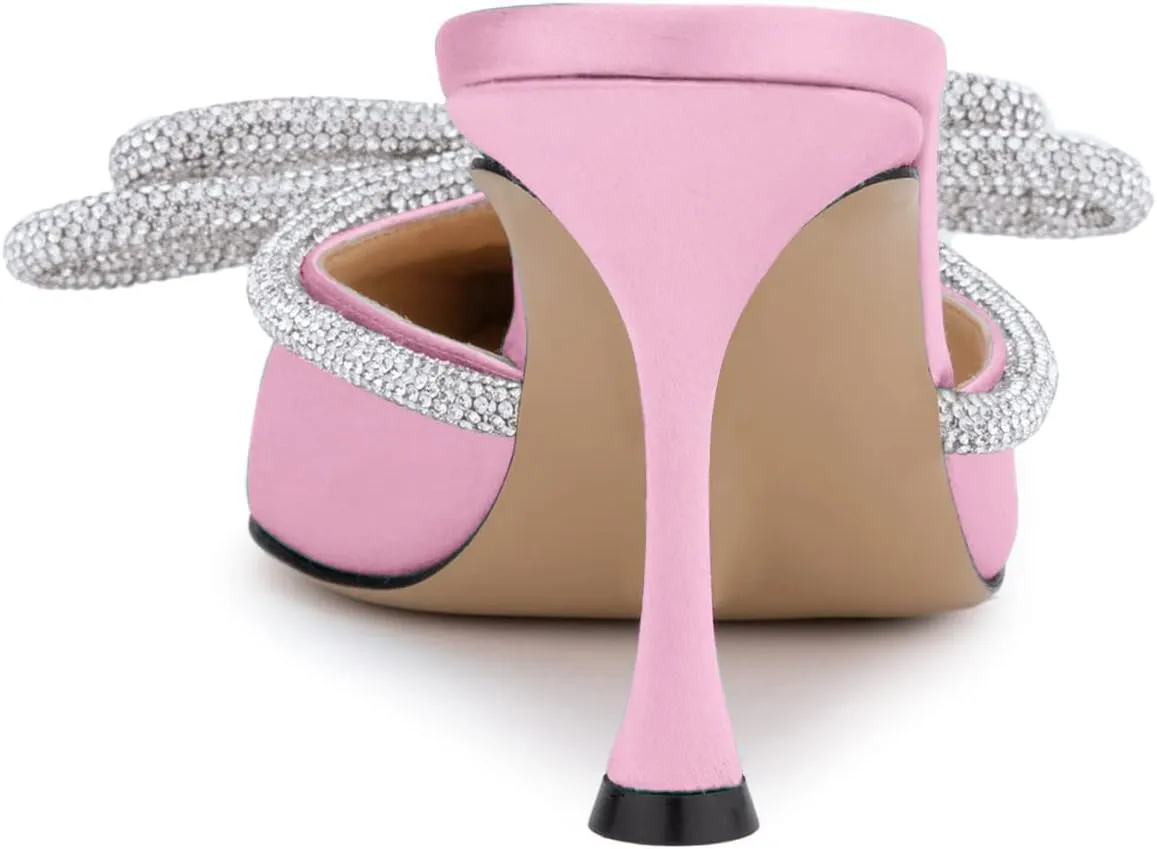 LauraVicci Women High Heeled Mules Rhinestone Embellished Crystal Double Bow Satin Sandals Pointy Toe Stiletto Shoes Summer Bridal Shoes
