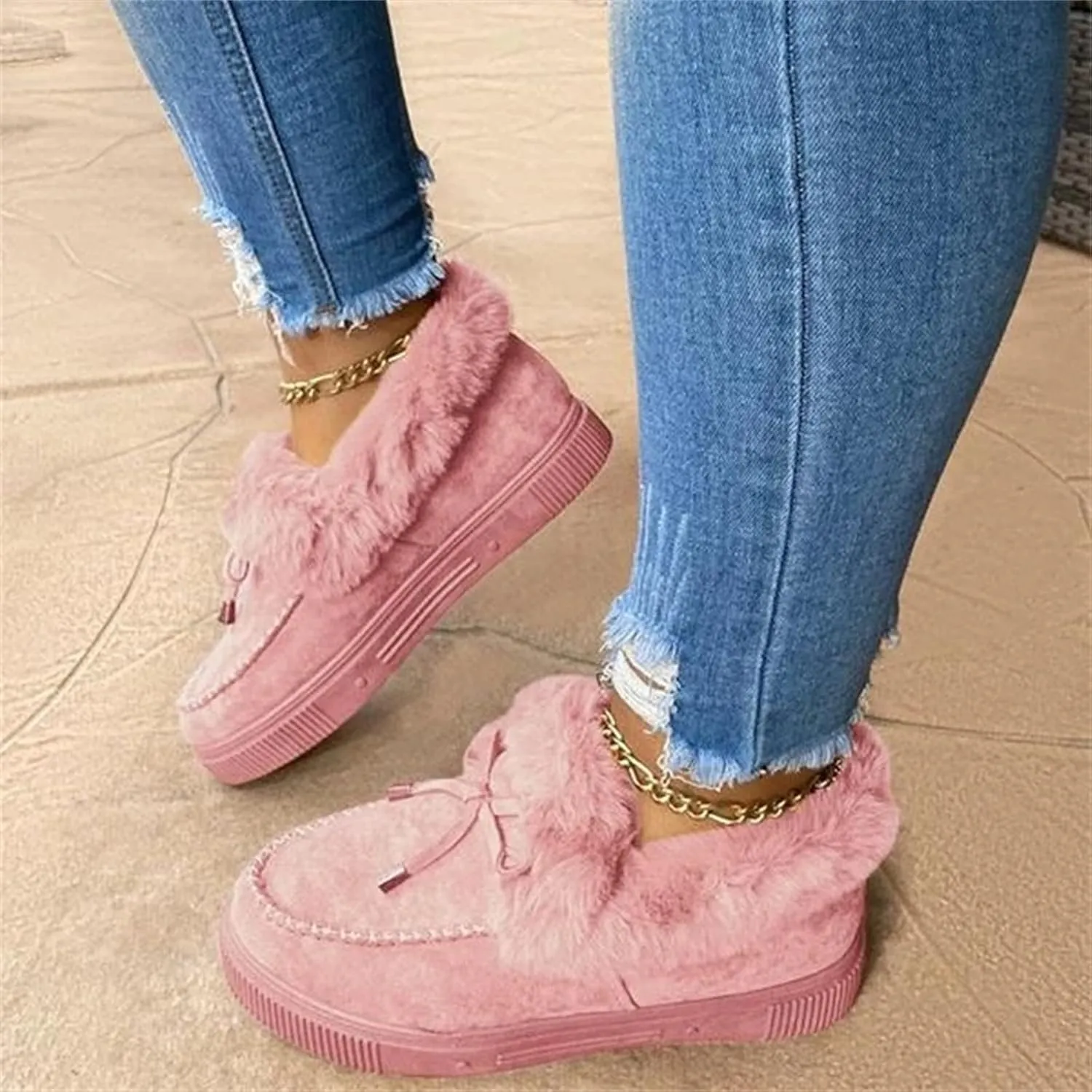Lausiuoe Winter Boots For Women 2022 Trendy Fuzzy Booties Warm Fluffy Silp On Comfortable Casual Ankle Boots Loafers