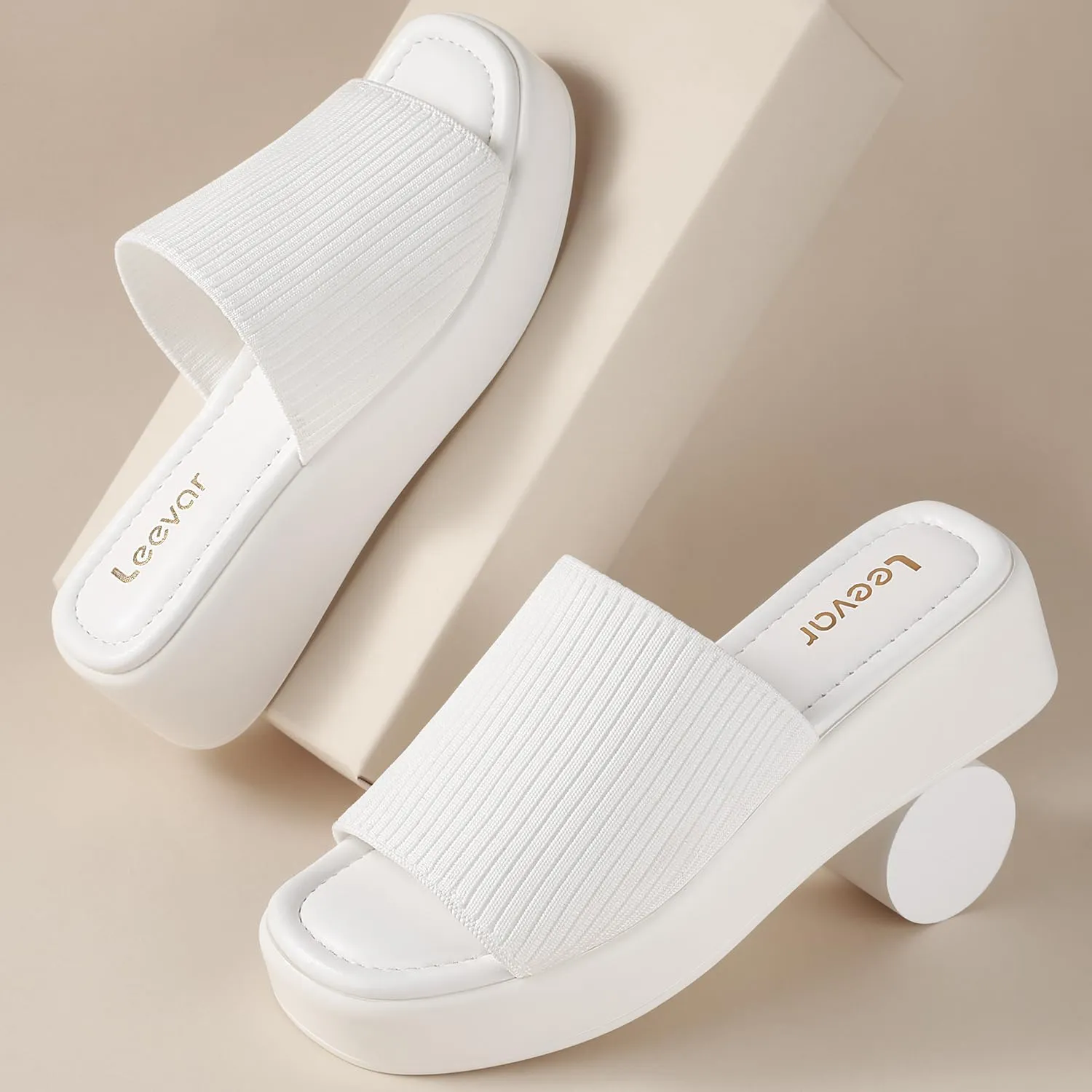 Leevar Nude White Black Platform Wedges Sandals for Women - Soft Memory Foam Padded Backless Slip On Comfy Square Open Toe Mules Summer Casual Flatform Platform Wedge Sandals Slides for Women