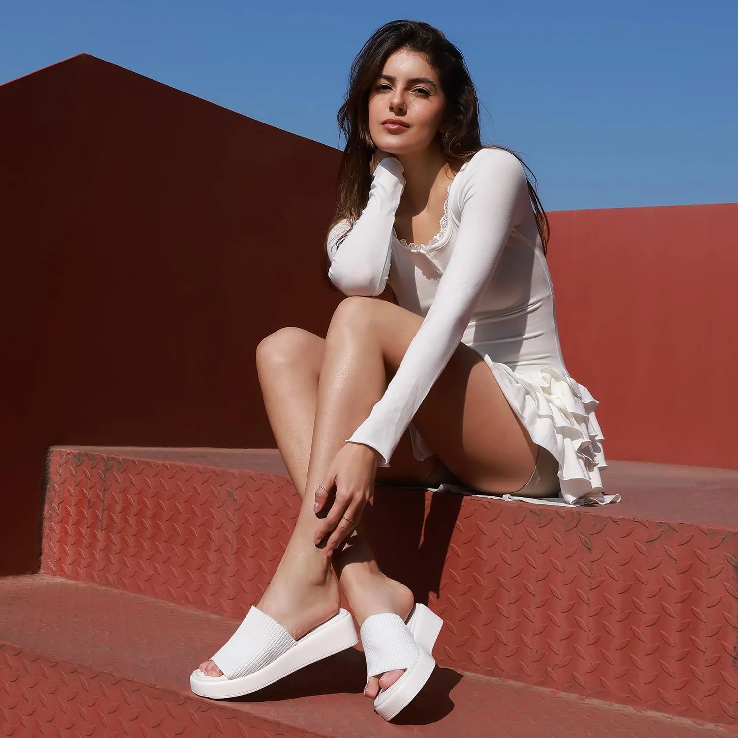 Leevar Nude White Black Platform Wedges Sandals for Women - Soft Memory Foam Padded Backless Slip On Comfy Square Open Toe Mules Summer Casual Flatform Platform Wedge Sandals Slides for Women