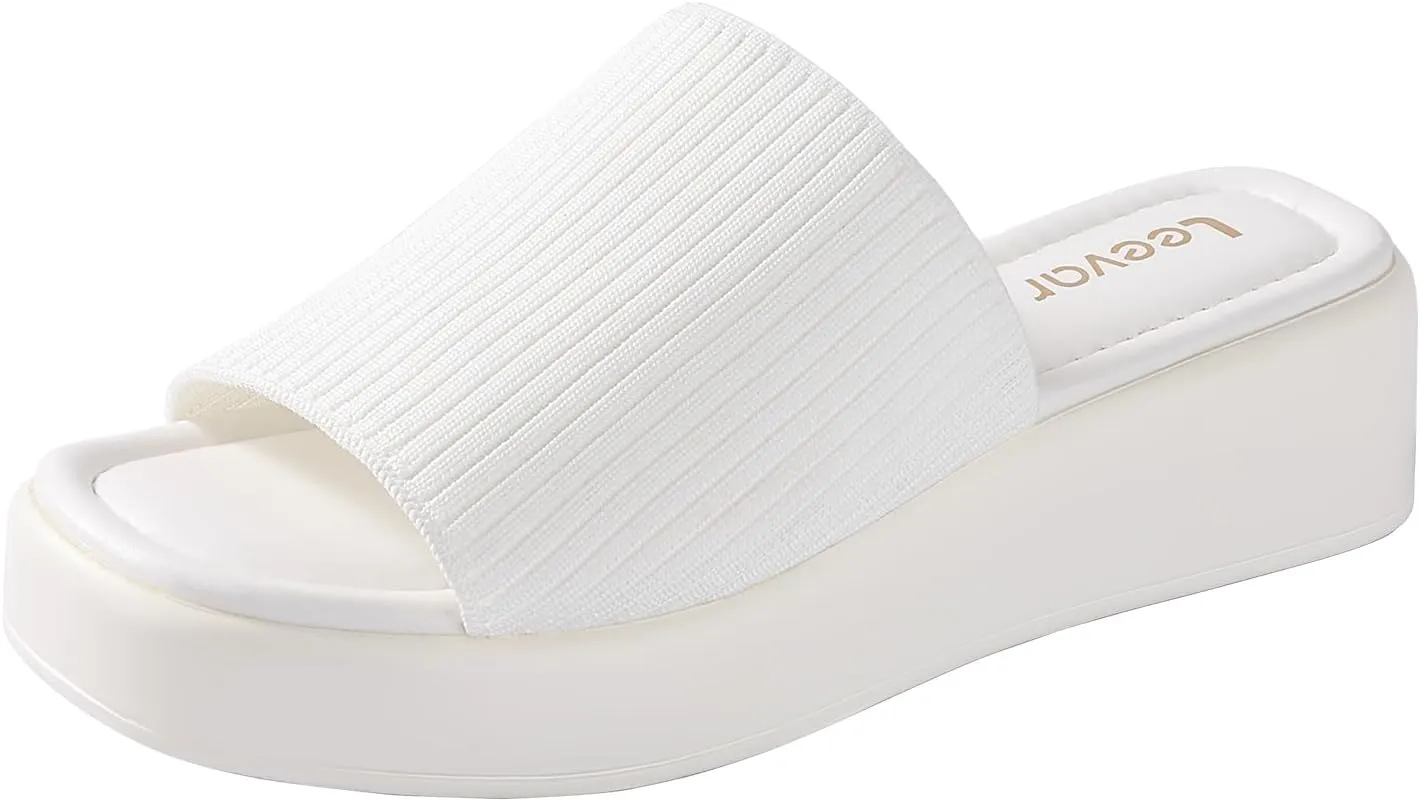 Leevar Nude White Black Platform Wedges Sandals for Women - Soft Memory Foam Padded Backless Slip On Comfy Square Open Toe Mules Summer Casual Flatform Platform Wedge Sandals Slides for Women