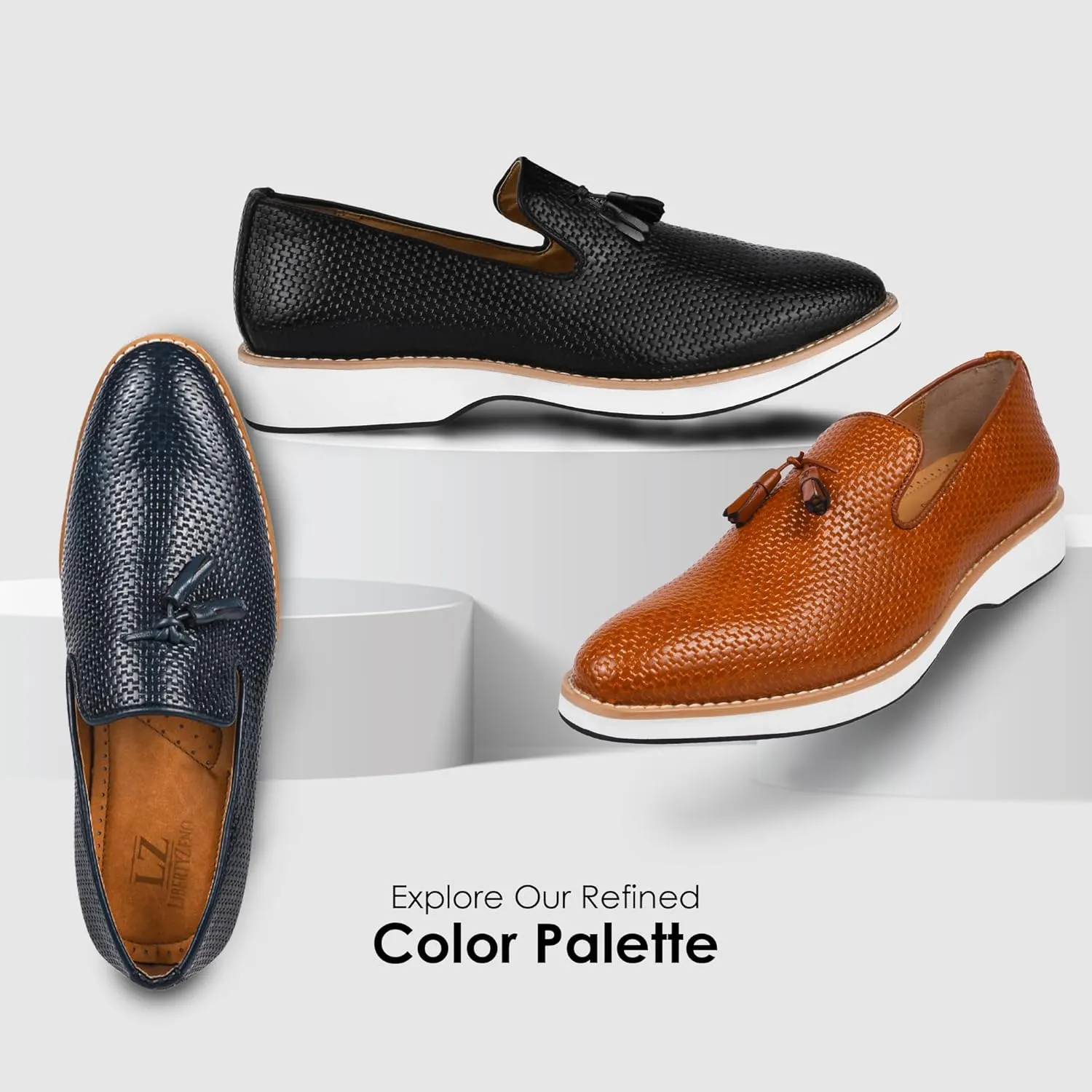 LIBERTYZENO Mens Tassel Knitted Print Manmade Leather Adults Noble Penny Loafers Slip On Shoes for Prom Graduation