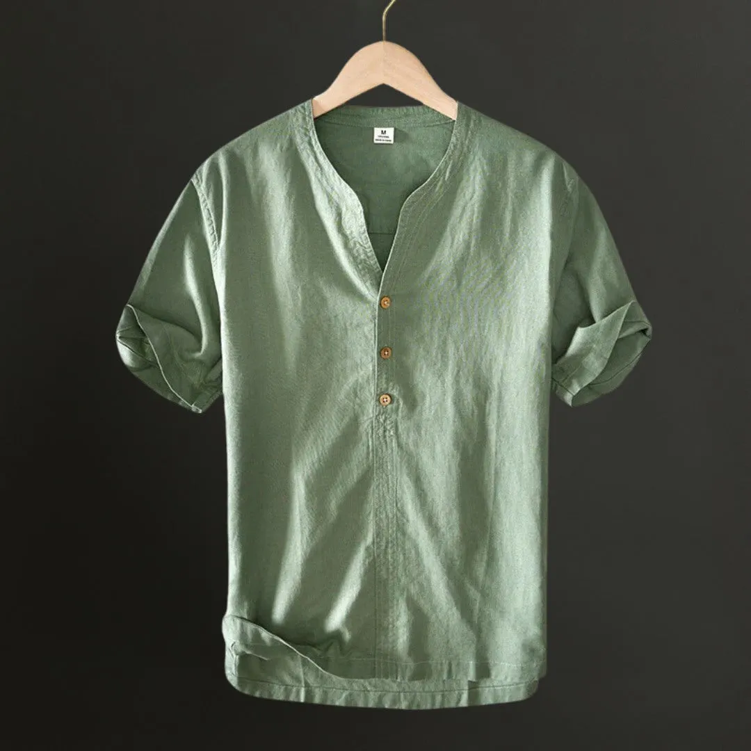 Lightweight Linen Shirt with V-Neck Detail