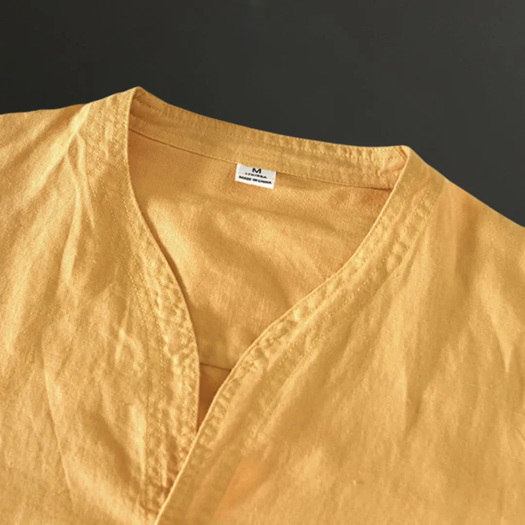 Lightweight Linen Shirt with V-Neck Detail