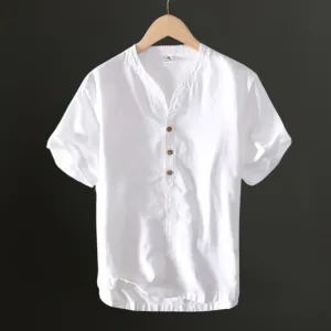 Lightweight Linen Shirt with V-Neck Detail