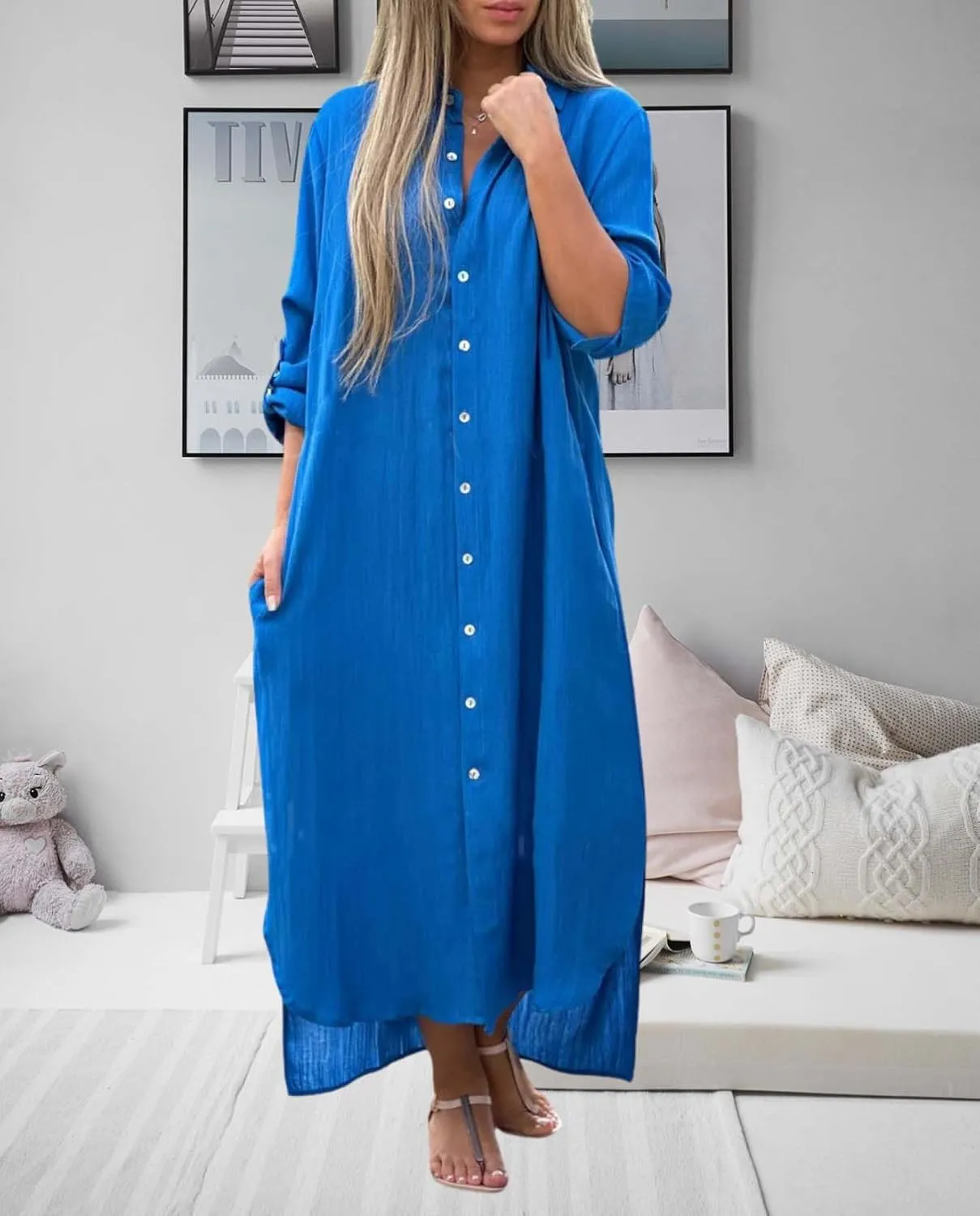 Linen Shirts for Women Long Sleeves Button Down Side Pockets Ideal for Casual Summer and Vacation Wear