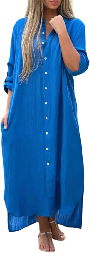 Linen Shirts for Women Long Sleeves Button Down Side Pockets Ideal for Casual Summer and Vacation Wear
